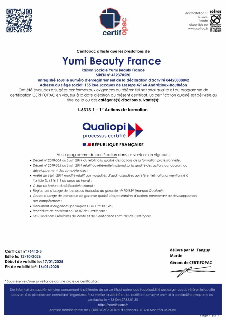 Certificat Qualiopi n° 76412-3 délivré par CERTIFOPAC à Yumi Beauty France, valable jusqu’au 16 janvier 2028